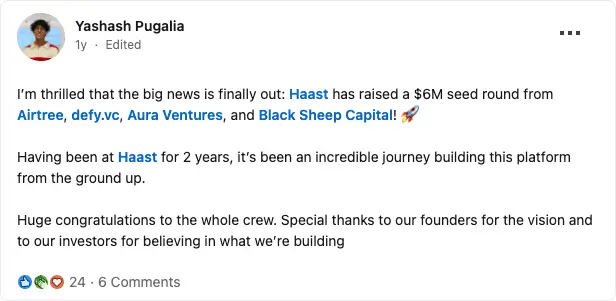 I'm thrilled that the big news is finally out: Haast has raised a $6M seed round from Airtree, defy.vc, Aura Ventures, and Black Sheep Capital! Having been at Haast for 2 years, it's been an incredible journey building this platform from the ground up.