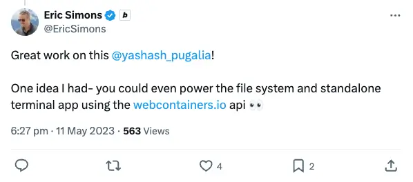 Great work on this @yashash_pugalia! One idea I had- you could even power the file system and standalone terminal app using the webcontainers.io api 👀