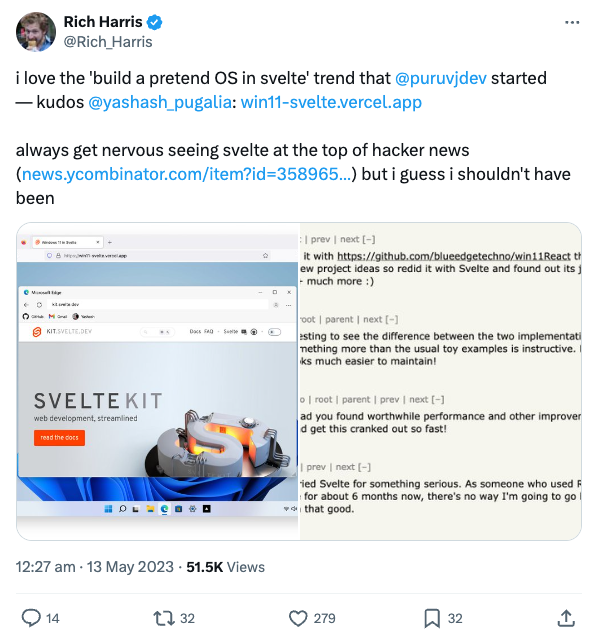 i love the 'build a pretend OS in svelte' trend that @puruvjdev started — kudos @yashash_pugalia: win11-svelte.vercel.app always get nervous seeing svelte at the top of hacker news but i guess i shouldn't have been