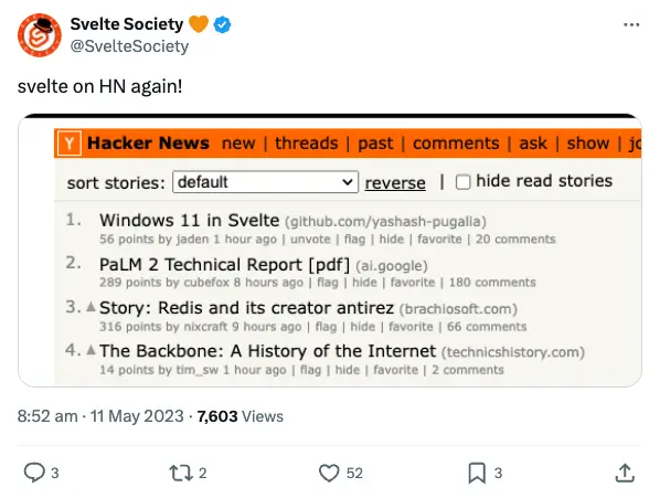svelte on HN again! Screenshot shows Windows 11 in Svelte at #1 on Hacker News.